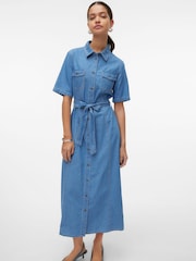 VERO MODA 100 % Baumwolle Kurzärmeliges Denim Midikleid mit Gürtel - Bild 4 von 6