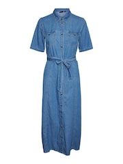 VERO MODA 100 % Baumwolle Kurzärmeliges Denim Midikleid mit Gürtel - Bild 6 von 6