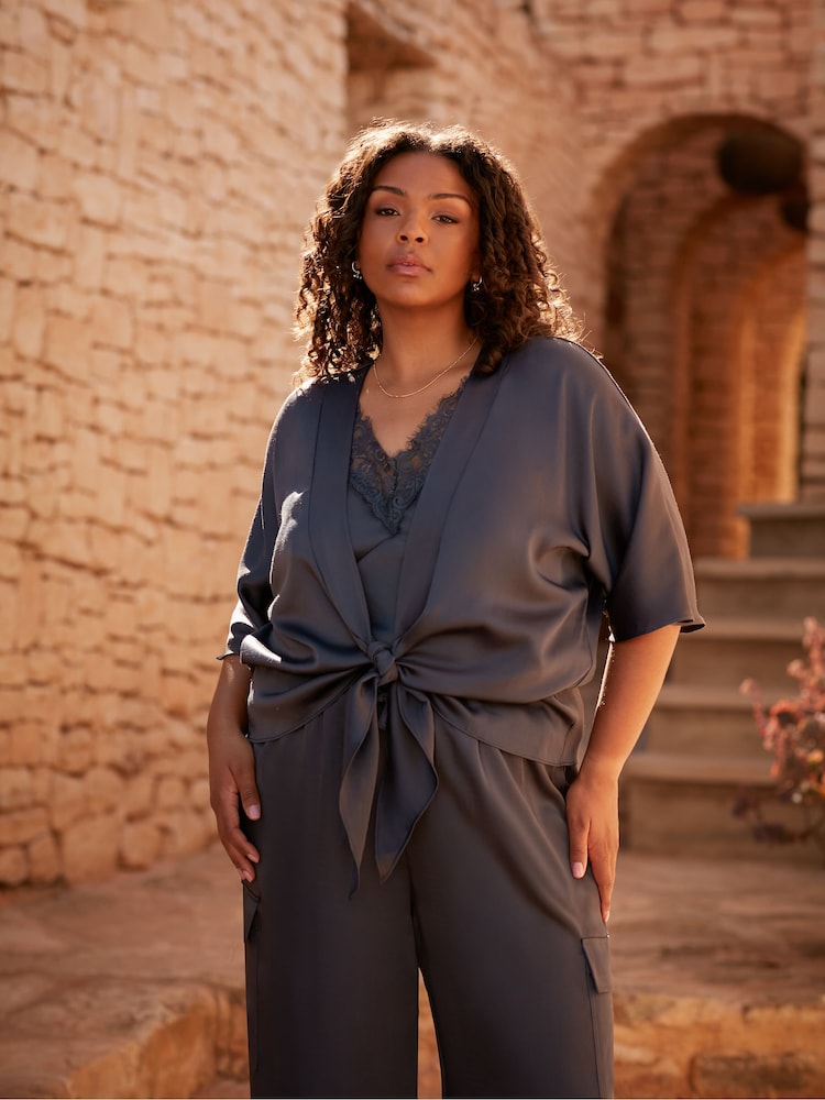 Live Unlimited Grey Curve Satin Tie Front Cover-Up - Image 2 of 7