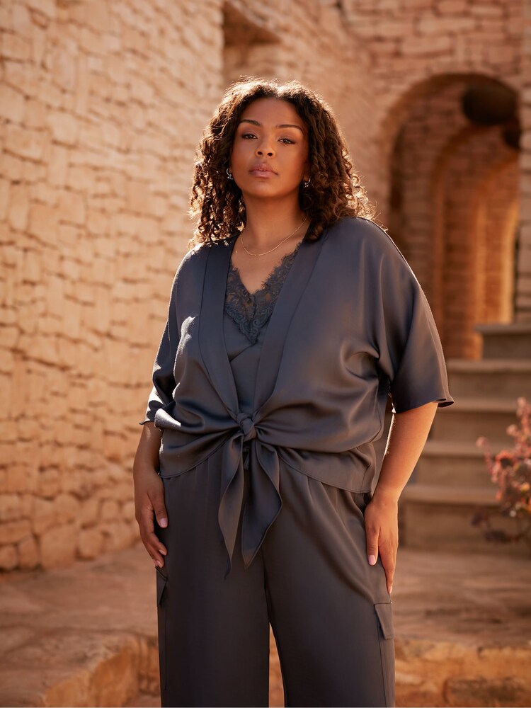 Live Unlimited Grey Curve Satin Tie Front Cover-Up - Image 2 of 7 Live Unlimited Grey Curve Satin Tie Front Cover-Up - Image 2 of 7