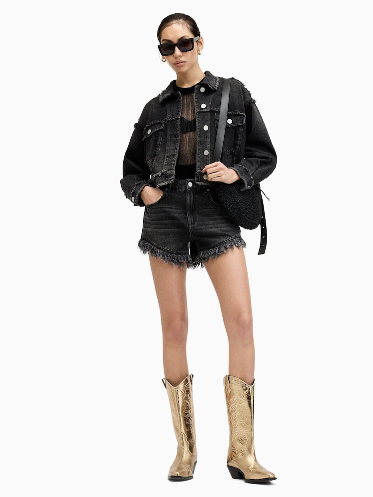AllSaints Black Astrid Fray 100% Cotton Shorts - Image 2 of 7