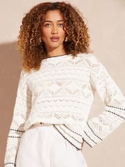Love & Roses Ivory White Crochet Knitted Long Sleeve Jumper - Image 1 of 4