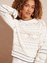 Love & Roses Ivory White Crochet Knitted Long Sleeve Jumper - Image 2 of 4