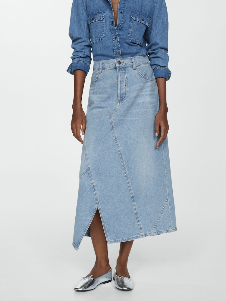 Mango Blue 100% Cotton Vent Midi Skirt - Image 1 of 6