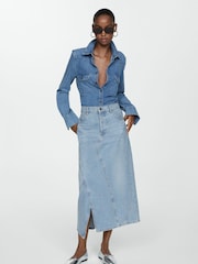 Mango Blue 100% Cotton Vent Midi Skirt - Image 2 of 6