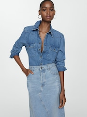 Mango Blue 100% Cotton Vent Midi Skirt - Image 4 of 6