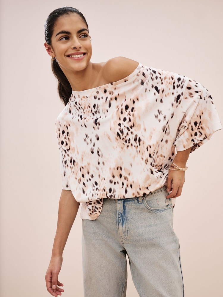 Animal Print Relaxed Fit Boxy 100% Cotton Slouch Shoulder T-Shirt - Image 1 of 8