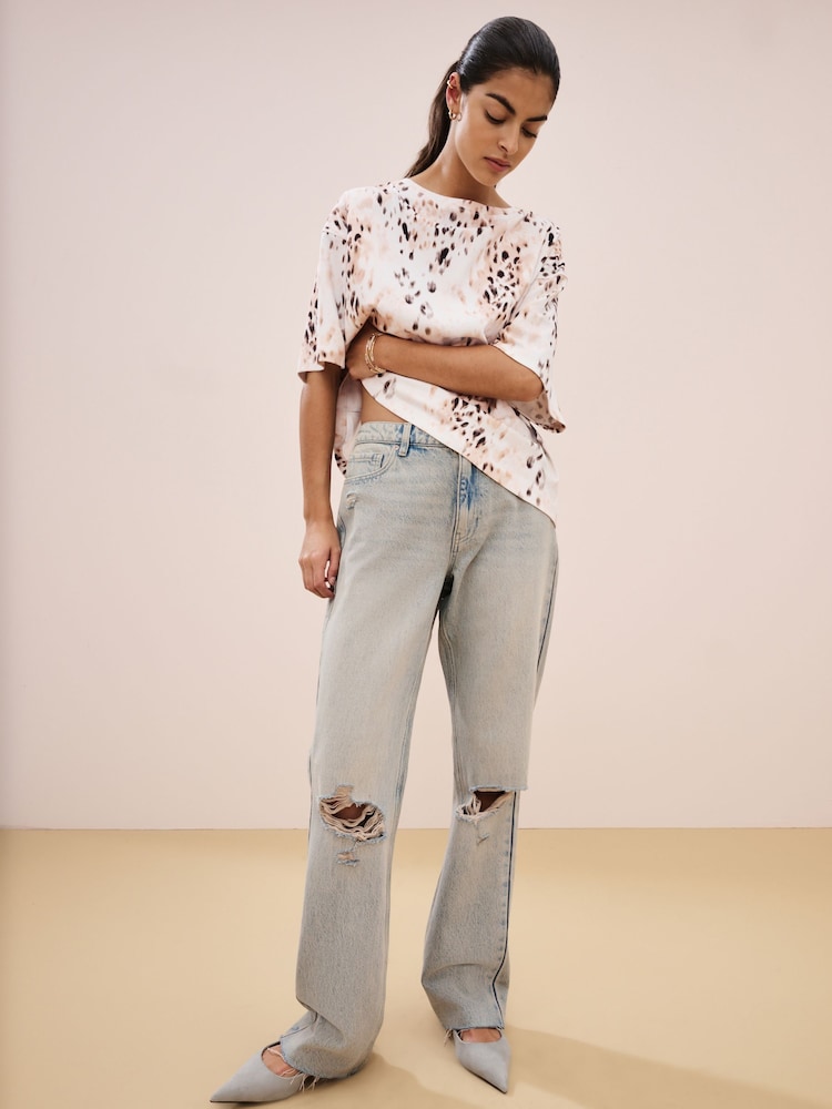 Animal Print Relaxed Fit Boxy 100% Cotton Slouch Shoulder T-Shirt - Image 2 of 8