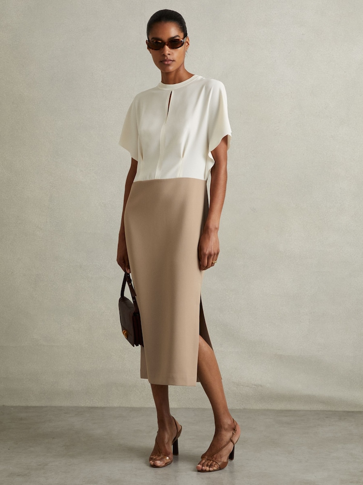 Reiss Ivory/Stone Miller Colourblock Draped Sleeve Midi Dress - Image 1 of 5