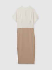 Reiss Ivory/Stone Miller Colourblock Draped Sleeve Midi Dress - Image 2 of 5