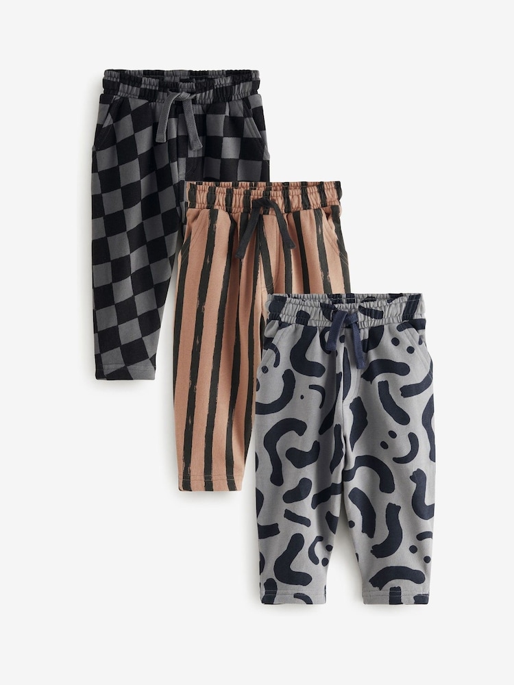 Charcoal Grey And Brown 100% Cotton Patterned Jersey Joggers 3 Pack (3mths-7yrs) - Image 1 of 7