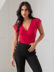 Pour Moi Pink Julie Fuller Bust Slinky Jersey Lace Trim Wrap Top - Image 2 of 4