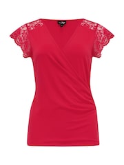 Pour Moi Pink Julie Fuller Bust Slinky Jersey Lace Trim Wrap Top - Image 4 of 4