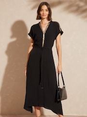 Love & Roses Black Petite Sequin Trim Hanky Hem Short Sleeve Midi Dress - Image 1 of 8