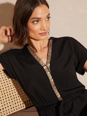 Love & Roses Black Petite Sequin Trim Hanky Hem Short Sleeve Midi Dress - Image 3 of 8