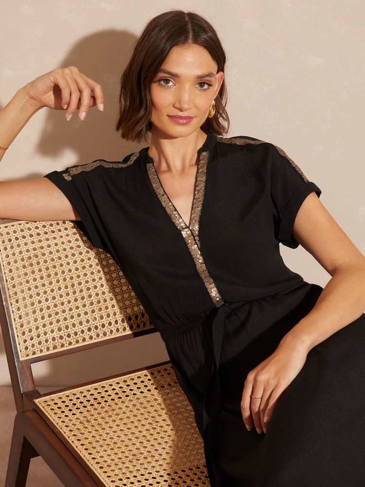 Love & Roses Black Petite Sequin Trim Hanky Hem Short Sleeve Midi Dress - Image 8 of 8