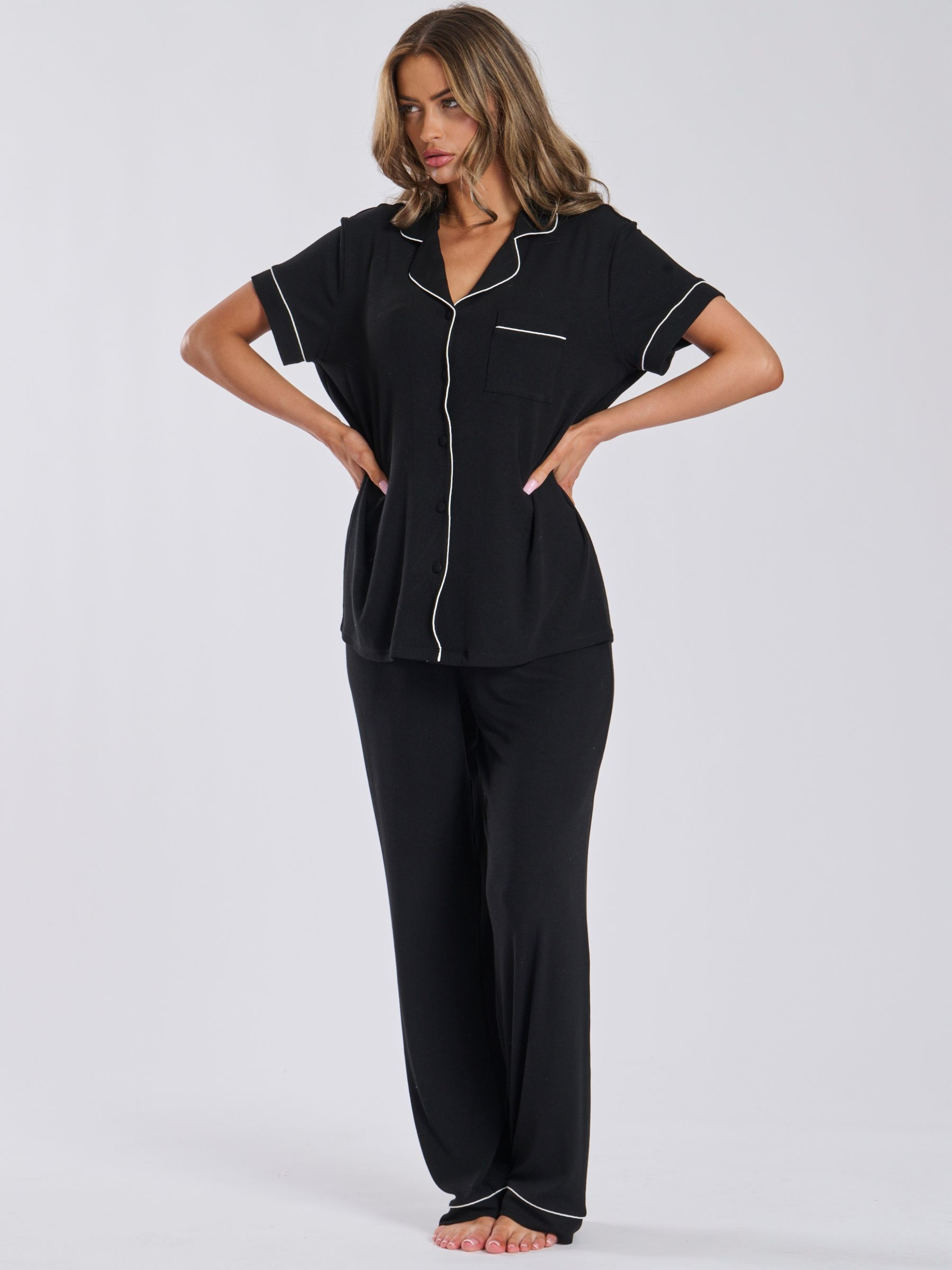 Buy Loungeable Black Short Sleeve and Long Bottom Traditional Pyjama Set from Next Luxembourg
