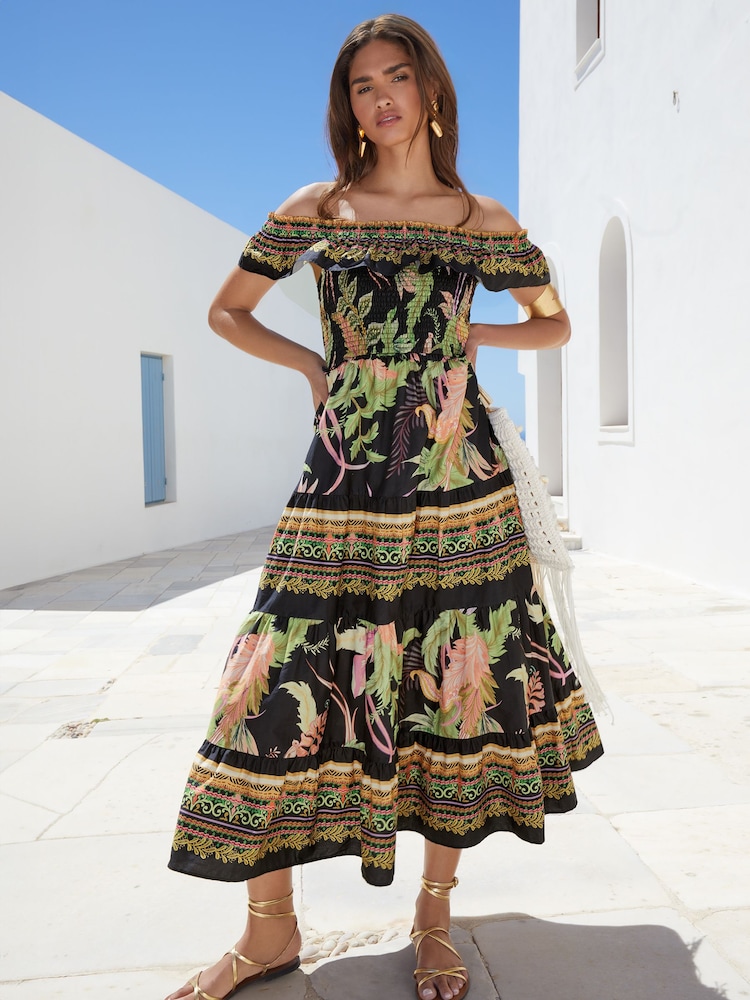Lipsy Shirred Bardot Tiered макси Праздничные принтованные платья - Изображение 1 из 4