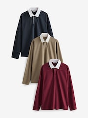 Navy/Stone/Burgundy Long Sleeve Rugby 100% Cotton Shirts 3 Pack - Image 1 of 12