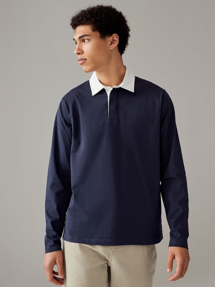 Navy/Stone/Burgundy Long Sleeve Rugby 100% Cotton Shirts 3 Pack - Image 2 of 12