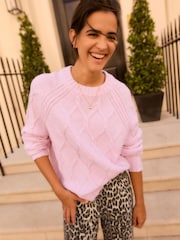 Pink Blush Crew Neck Cable Knitted Jumper With Wool - Image 3 of 7