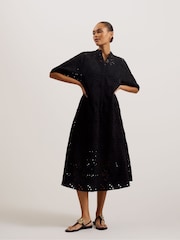 Ted Baker Black Oversized Nikaia Broderie Midi Dress - Image 1 of 5