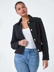 Roman Black Textured Button Detail Boucle Jacket - Image 2 of 5