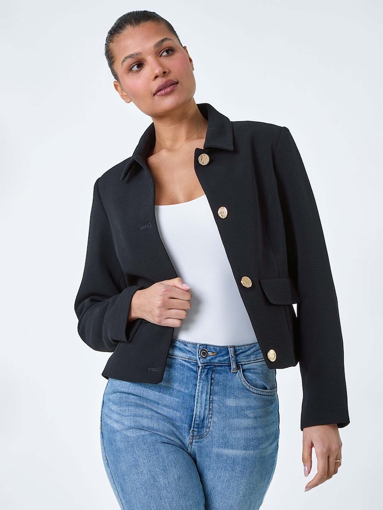 Roman Black Textured Button Detail Boucle Jacket - Image 2 of 5