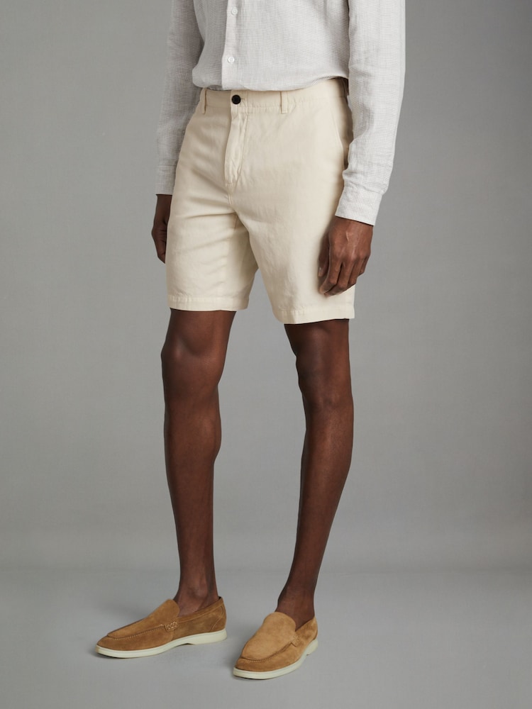 Reiss Off White Ezra Cotton Linen Blend Internal Drawstring Shorts - Image 1 of 6