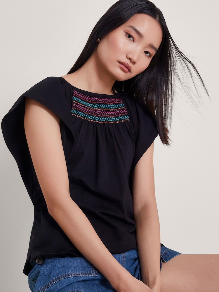 Monsoon Black Stitch Cleo 100% Cotton Top - Image 1 of 5