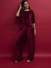 Berry Burgundy Red Velvet Plisse Wide Leg Trousers - Image 1 of 6