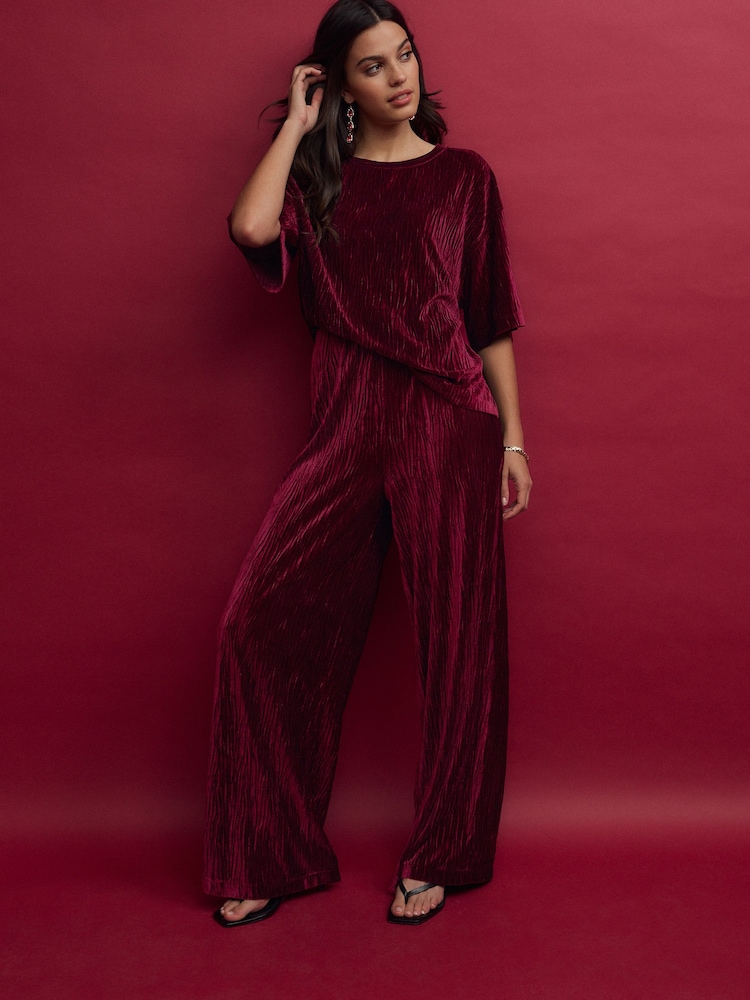 Berry Burgundy Red Velvet Plisse Wide Leg Trousers - Image 1 of 6