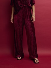 Berry Burgundy Red Velvet Plisse Wide Leg Trousers - Image 2 of 6