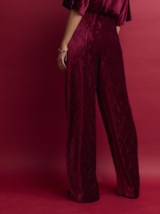 Berry Burgundy Red Velvet Plisse Wide Leg Trousers - Image 3 of 6