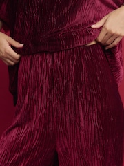 Berry Burgundy Red Velvet Plisse Wide Leg Trousers - Image 4 of 6