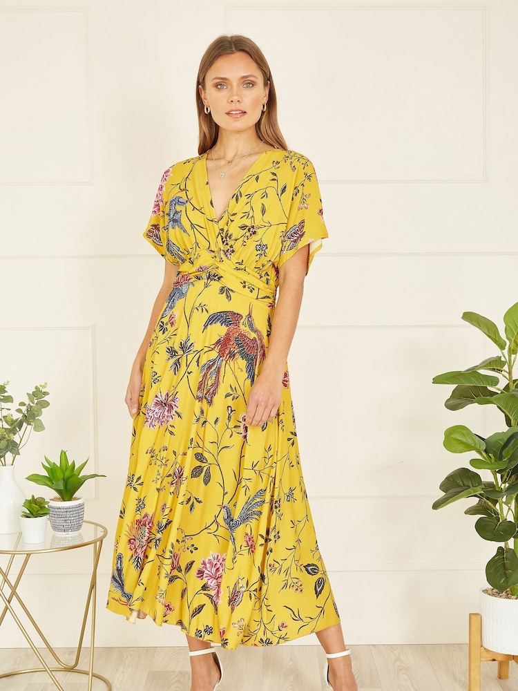 Yumi Yellow Viscose Bird And Floral Print Ruched Waist Midi Dress - Image 1 of 5 Yumi Yellow Viscose Bird And Floral Print Ruched Waist Midi Dress - Image 1 of 5
