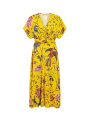 Yumi Yellow Viscose Bird And Floral Print Ruched Waist Midi Dress - Image 5 of 5