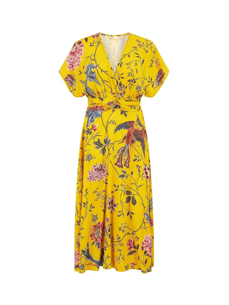 Yumi Yellow Viscose Bird And Floral Print Ruched Waist Midi Dress - Image 5 of 5 Yumi Yellow Viscose Bird And Floral Print Ruched Waist Midi Dress - Image 5 of 5