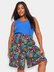 Yours Curve Black Rainbow Ditsy Floral Print Jersey Shorts - Image 2 of 6