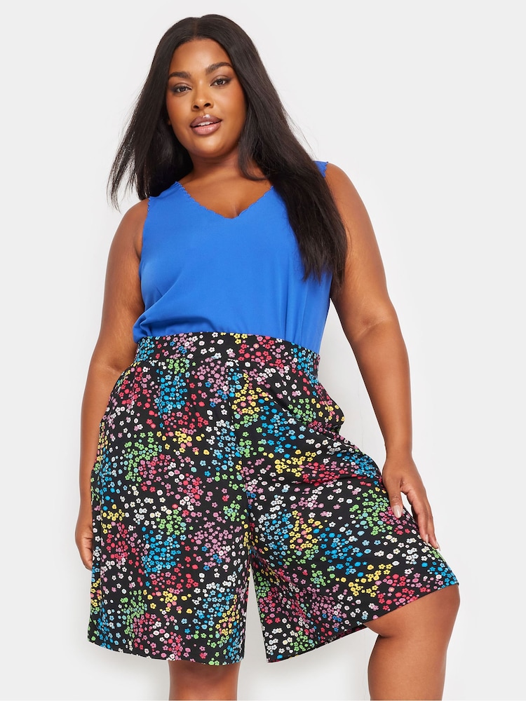 Yours Curve Black Rainbow Ditsy Floral Print Jersey Shorts - Image 2 of 6
