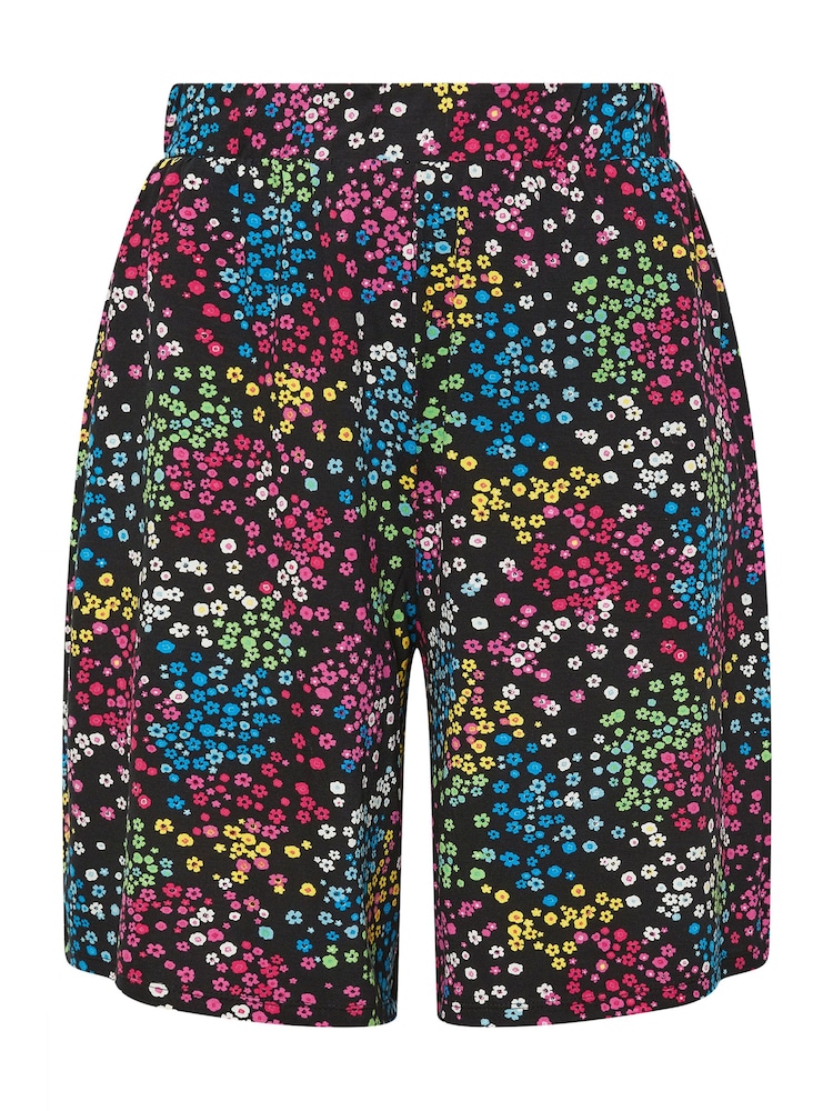 Yours Curve Black Rainbow Ditsy Floral Print Jersey Shorts - Image 6 of 6