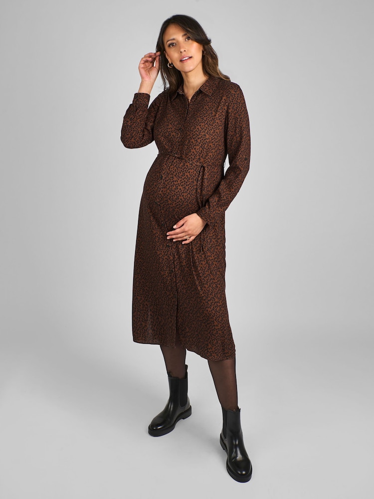 JoJo Maman Bébé Rust Orange Animal Print Maternity Midi Shirt Dress - Image 1 of 5