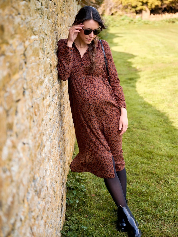 JoJo Maman Bébé Rust Orange Animal Print Maternity Midi Shirt Dress - Image 5 of 5