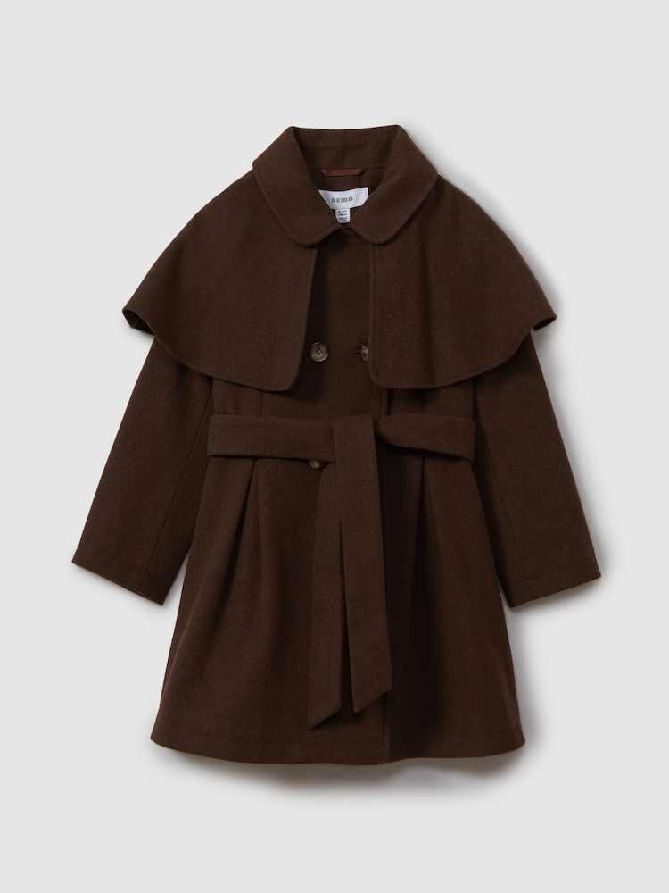 Reiss Chocolate Karlie 4-9 yrs Double Breasted Cape Coat with Wool - Image 2 of 4