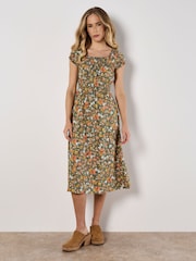 Apricot Green Ditsy Floral Print Milkmaid Midi Dress - Image 2 of 4