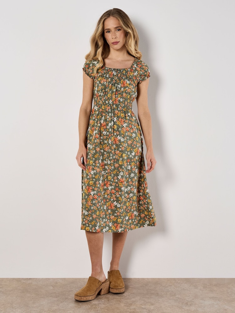Apricot Green Ditsy Floral Print Milkmaid Midi Dress - Image 2 of 4