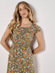 Apricot Green Ditsy Floral Print Milkmaid Midi Dress - Image 3 of 4