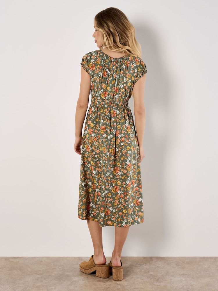 Apricot Green Ditsy Floral Print Milkmaid Midi Dress - Image 4 of 4