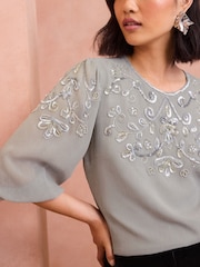 Love & Roses Grey Petite Embellished 3/4 Sleeve Blouse - Image 2 of 4