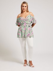 Yours Curve Green YOURS LONDON Curve Navy Blue Floral Print Cold Shoulder Top - Image 2 of 5